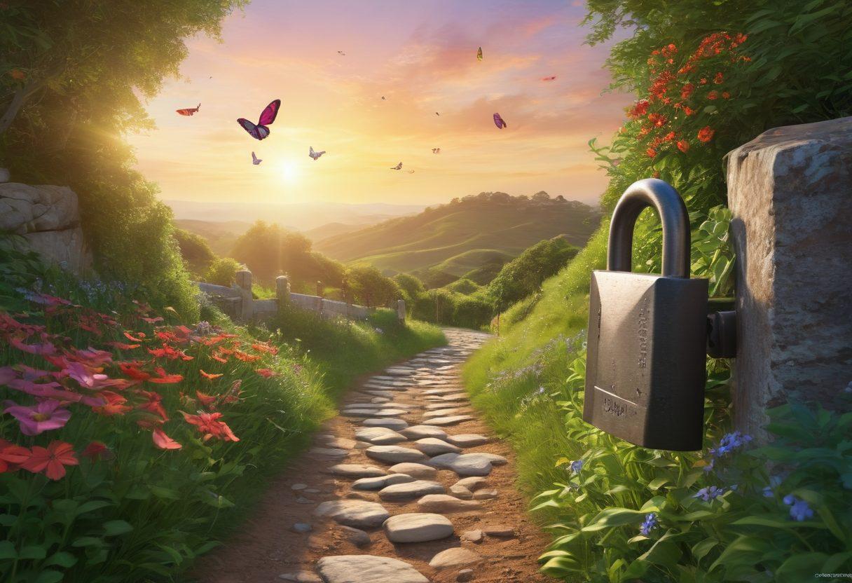 A serene landscape with an open padlock amidst lush greenery, symbolizing emotional freedom, with colorful butterflies representing personal growth fluttering around. In the background, a soft sunrise peeks over gentle hills, illuminating a path lined with stones inscribed with positive affirmations. The atmosphere is calm and inviting. super-realistic. vibrant colors.