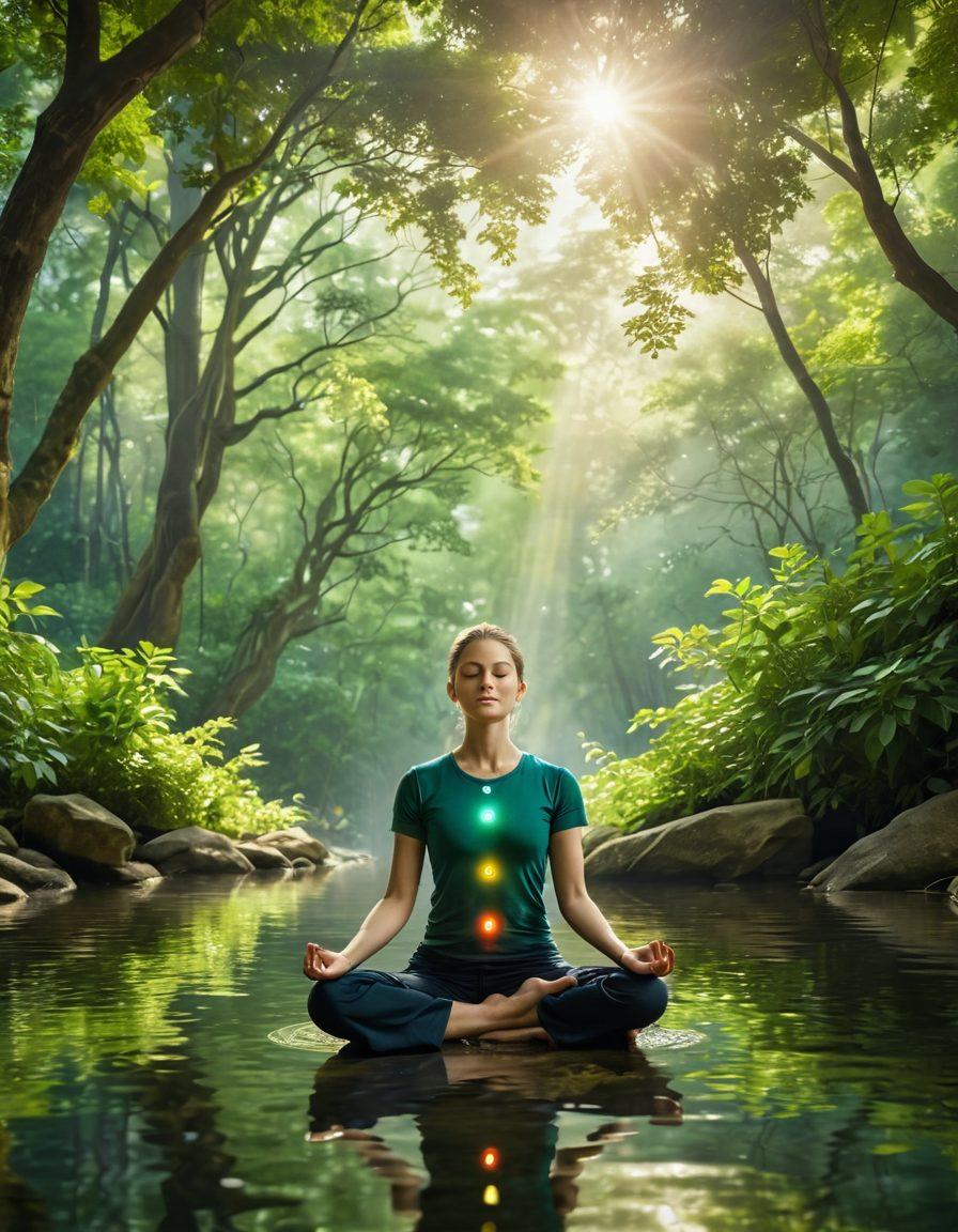 An enlightened person meditating amidst a serene natural backdrop, illuminated by soft sunlight filtering through lush green trees. Symbolic elements like floating chakras and calming waves represent mindfulness and transformation. Incorporate gentle colors and a peaceful atmosphere to evoke tranquility and inspiration. super-realistic. vibrant colors. tranquil scenery.